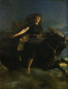Nótt, La Noche, montando su caballo Hrímfaxi, pintura de Peter Nicolai Arbo, siglo XIX
